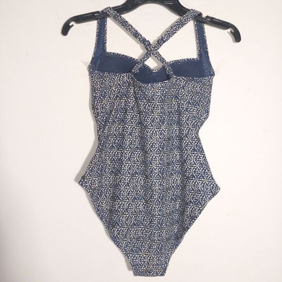 NipTuck Patterned One Piece Swimsuit Navy Blue Ruched Criss Cross Back Size 6 - Picture 12 of 15